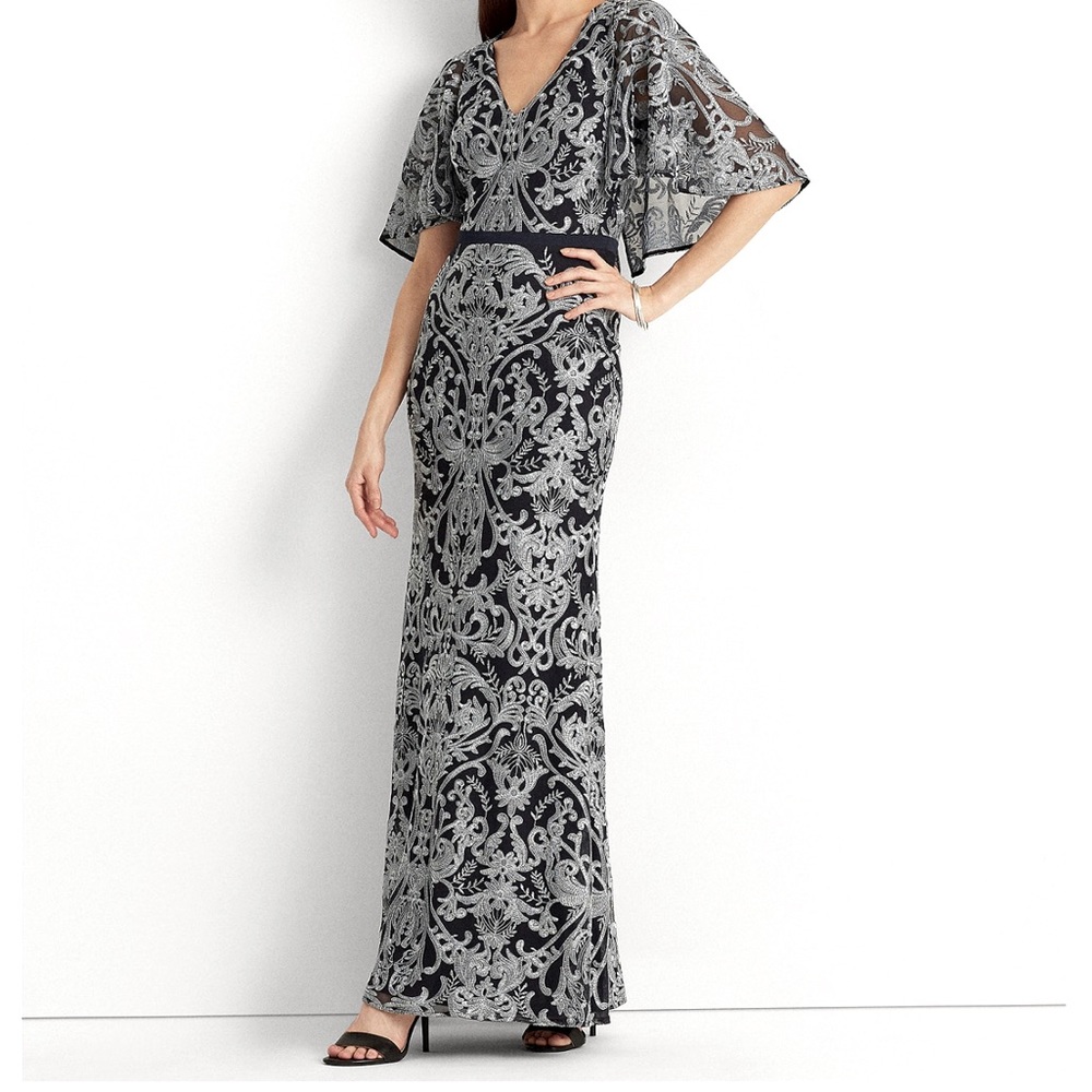 Lauren Ralph Lauren Short Sleeve V-Neck Embroidered Cape Gown
